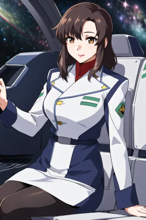 masterpiece,    best quality,    high definition   ,  friendly １  ,    1 girl, Alone, (black_   pantyhose:1.1), military uniform, military, Compensate,    white shirt,  White Skirt,    tight skirt   ,    is sitting,    upper body,    cockpit , space,    op...