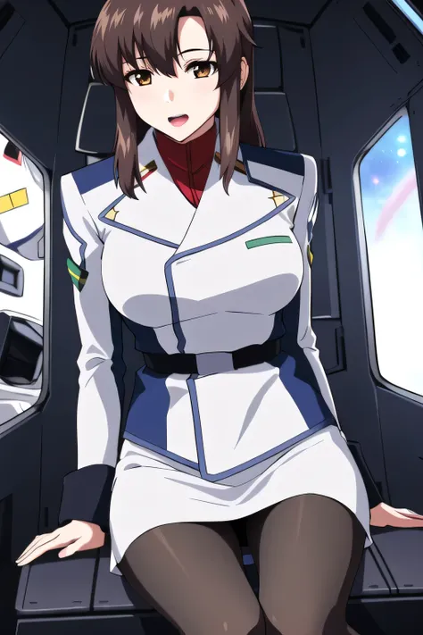 masterpiece,    best quality,    high definition   ,  friendly １  ,    1 girl, Alone, (black_   pantyhose:1.1), military uniform, military, Compensate,    white shirt,  White Skirt,    tight skirt   ,    is sitting,    upper body,    cockpit , space,    op...