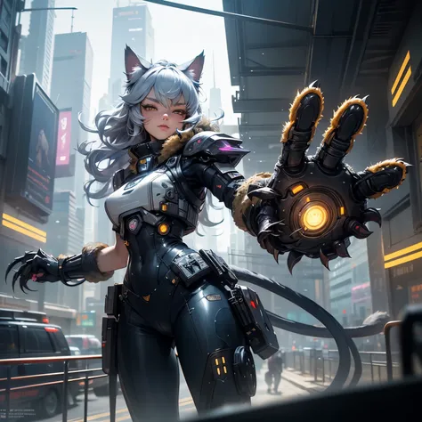  Automated cat girl , (best quality), highly detailed,  , A beastly feline girl , (mechanicalasas:golden, glowing eyes :blue, goldenrarmor:1.2, hairy ears:0.8), furry tail,  stylish silver and curly hair , (cyberpunkcity:1.5, holding a mitt with huge, shar...