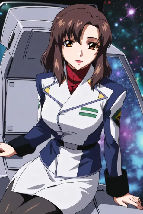 masterpiece,    best quality,    high definition   ,  friendly １  ,    1 girl, Alone, (black_   pantyhose:1.1), military uniform, military, Compensate,    white shirt,  White Skirt,    tight skirt   ,    is sitting,    upper body,    cockpit , space,    op...