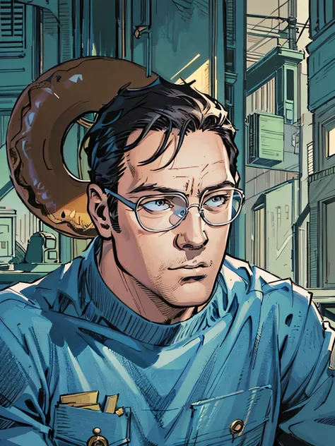 there is a man with glasses sitting at a table with a donut, david rios ferreira, avatar image, andres rios, foto realista, photo of a man, 4 0 years old man, frontal picture, posuka demizu, hollósy simon, ástor alexander, andrei riabovitchevy, icaro carva...