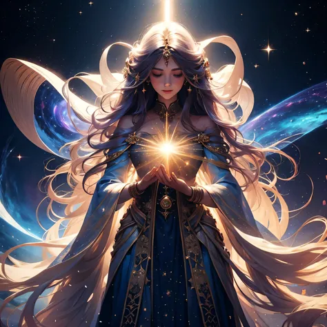 Create a mystical scene featuring a figure with long, flowing hair, standing against a cosmic backdrop filled with stars and galaxies. The figure should be holding a radiant orb of light in their hands, emanating beams of energy and sparkles. The atmospher...