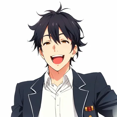 anime boy in a suit with a smile on his face,  big smile, very happy,  large and detailed open eyes,  red cheeks , runny nose 