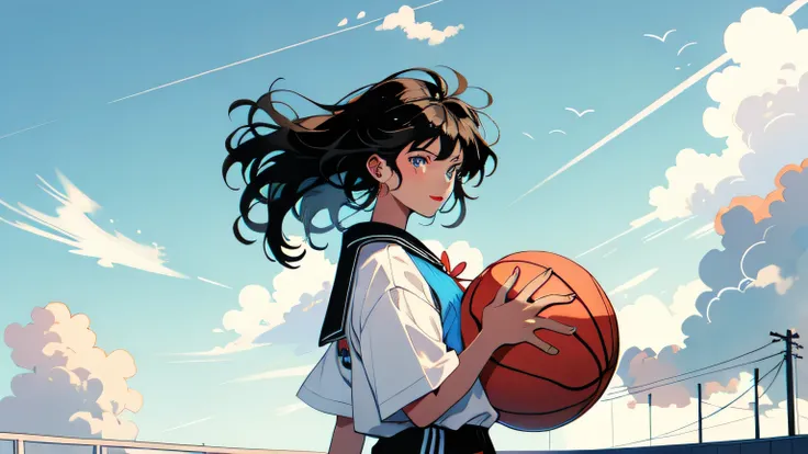 College students standing on the roof,whole body,Detailed hair ,basketball club uniform, holding a basketball in one hand,Blue sky background,Large cumulonimbus cloud,You can feel youth , energetic, bright ,Solar