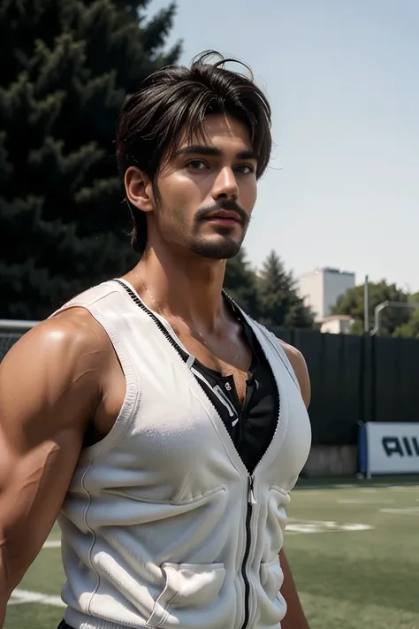 (face: Mariano di vaio), Upp、Create a 45-year-old mature man，Single Eyelids！Wear sportswear, soccer player, with short brown hair ！and a short beard, (Wear a white vest、Black and), ), (Use a short beard,) Charming and serious look, （（Run on the sports fiel...