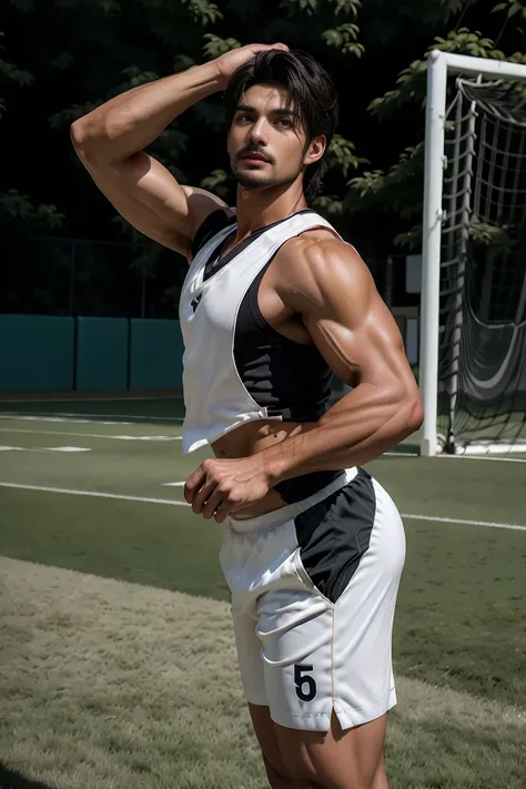 (face: Mariano di vaio), Upp、Create a 45-year-old mature man，Single Eyelids！Wear sportswear, soccer player, with short brown hair ！and a short beard, (Wear a white vest、Black and), ), (Use a short beard,) Charming and serious look, （（Run on the sports fiel...