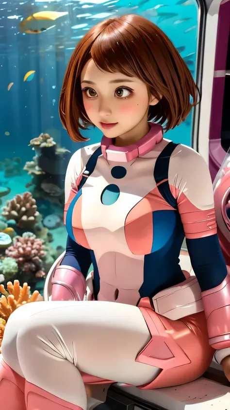 HMOCHAKO EXPERT PHOTO ,  BLUSH STICKER,  Shorthair,  medium breasts,  superhero ,  bodysuit,
 detailed skin,  detail eyes sitting on a coral reef,  volume light,  high definition , masterpiece,  best quality, space,