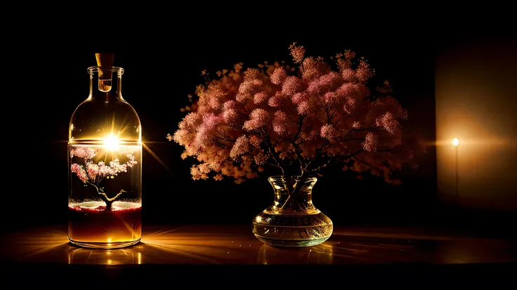 Cherry tree in a bottle, fluffy, realistic, atmospheric light refraction, photographed by lee jeffries, nikon d850 film Stock Photo 4 Kodak portra 400 camera f1.6 lens, rich colors, ultra realistic realistic textures, dramatic lighting, unreal engine trend...