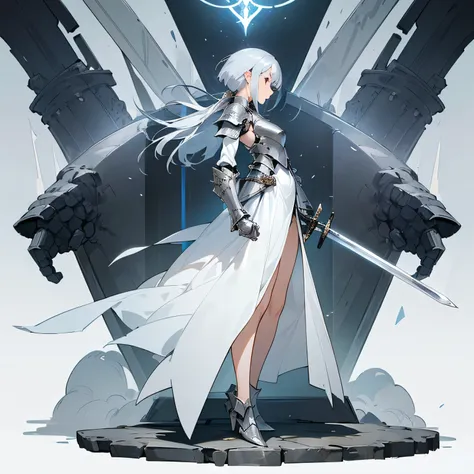  a girl,  The best quality , Shortcuts,  silver hair ,  white, (( full body)),((silver armor)),
(( silver sword holder )),((pose profile )),
[[bottomless]], ((  with armour on arms and legs)),
((long sword blade )), Animated Style , 