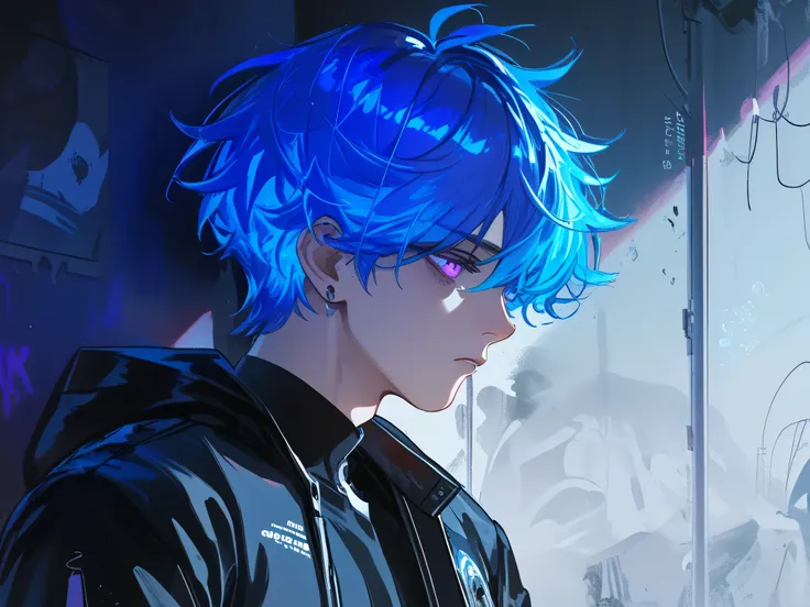 1boy, neon blue hair, glowing purple eyes, dead eyes, depressed, wearing black jersey jacket, masterpiece, best quality