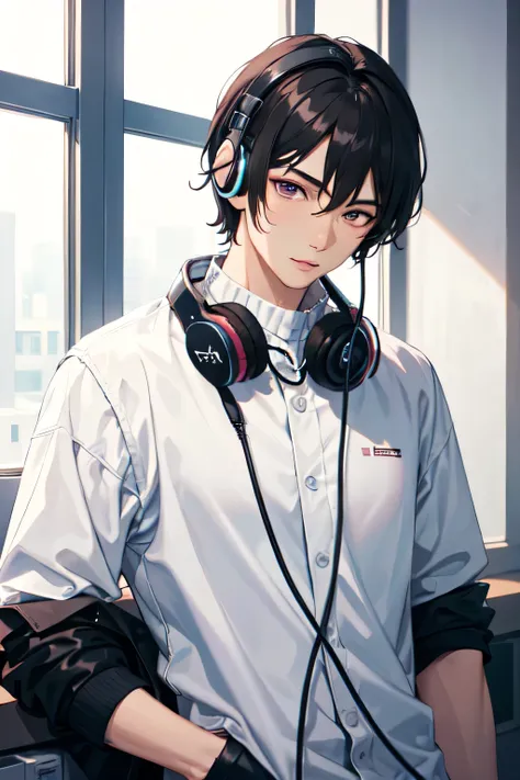 ((Best Quality)), ((masterpiece)), ( Details), Korean,Male idols,Only the upper body is visible ,A man with no mask on ,Black Hair,Man with a perm , short hair,front, poses,headphones,i love game