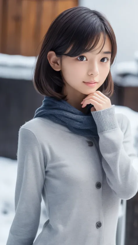 ((( Standing Pose , and turn around))), skinny  ((Thin lips, flat chested,Small Bust, skinny)),Small breasts, Play,Japanese, Petite women, gentle smile,Winter clothing, muffler , long gaze , Age 30, ( nasolabial fold ,Mouth wrinkles,Wrinkles around the eye...