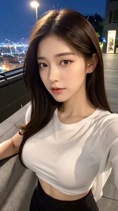 ((midnight, best quality, 8K, masterpiece :1.3)), close up, Selfie, Clear focus :1.2, Beautiful woman with perfect body :1.4, Slim abs :1.1, ((Dark brown hair, Large Breasts :1.2)), (White Tight Tee, Black sweatpants, permanent:1.2), ((City night scene, ro...