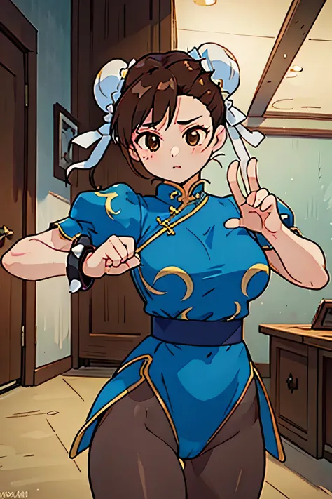 masterpiece, best quality, amazing quality, very aesthetic, high resolution, ultra-detailed, newest, scenery,  Bright eyes,  chun-li, brown eyes, double bun, bun cover, qipao, spiked bracelet, large breasts, sheer pantyhose, pelvic curtain, Blue leotard, f...