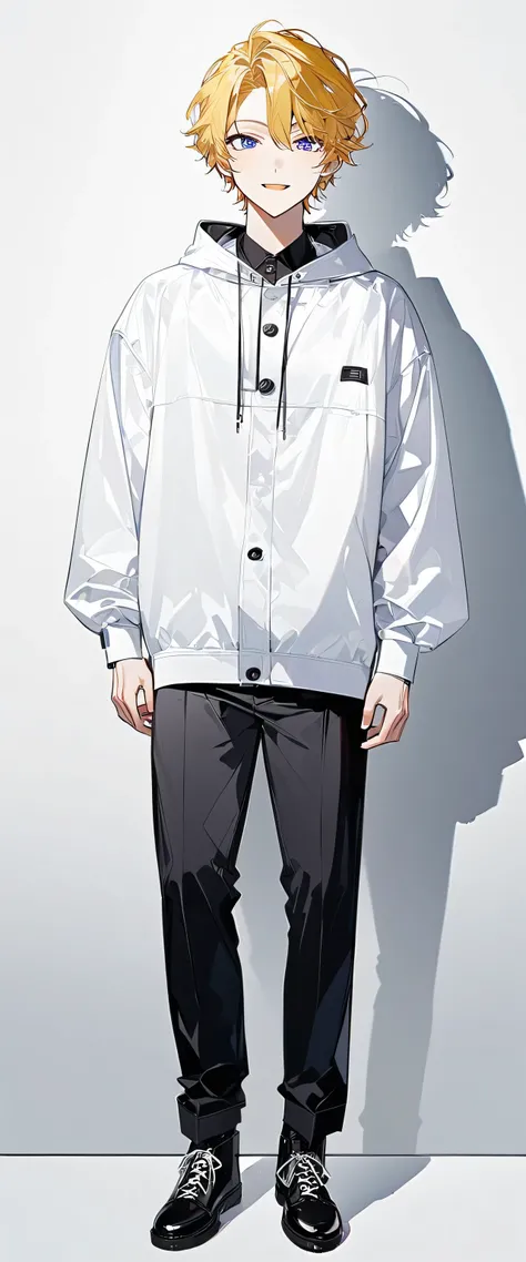 whole body、male、 neutral、 is cool、 handsome、vtuber、White background、1 person、front、Character portrait、Arms at sides、upright、Open your mouth、smile、 simple outfit、Modern clothing、whole bodyが見える、The upper body has a cool design、 The lower body has a simple de...