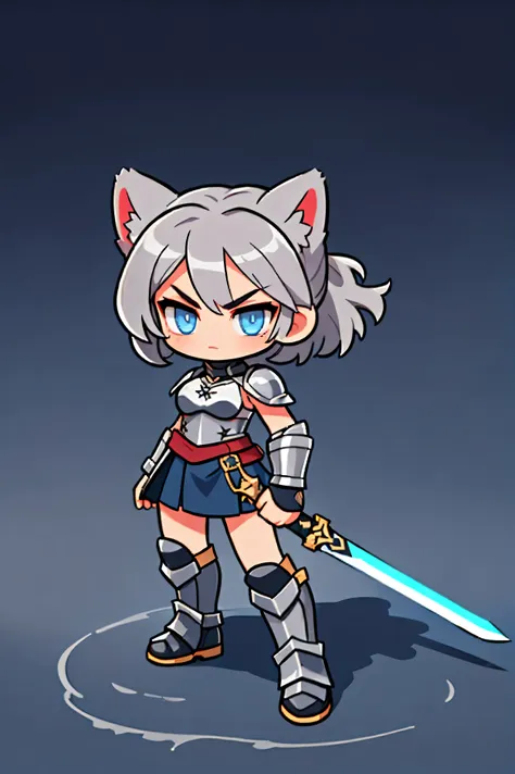 a female warrior wields a sword  ,    medieval leather armor , natural background.  gray hair  ,  cat ears , dark navy blue eyes...