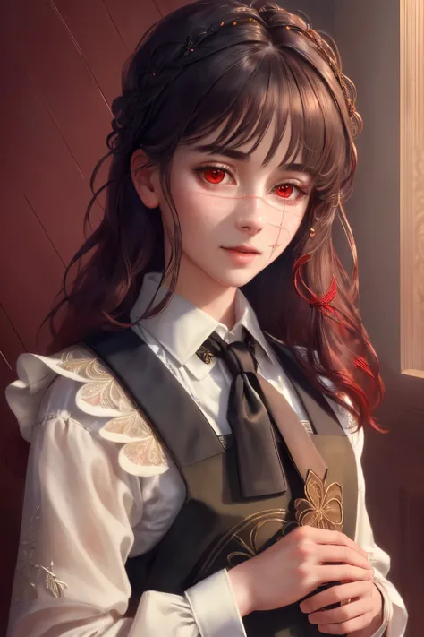  ultra realistic 8k cg , masterpiece, ((highly detailed background, delicate pattern,  intricate details )), (highly detailed, fine details,), (face, beautiful and detailed eyes and hair:1.1) ,1 , hand in own hair,  red eyes ,  school uniform, apron dress ...