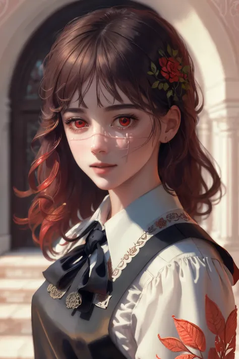  ultra realistic 8k cg , masterpiece, ((highly detailed background, delicate pattern,  intricate details )), (highly detailed, fine details,), (face, beautiful and detailed eyes and hair:1.1) ,1 , hand in own hair,  red eyes ,  school uniform, apron dress ...