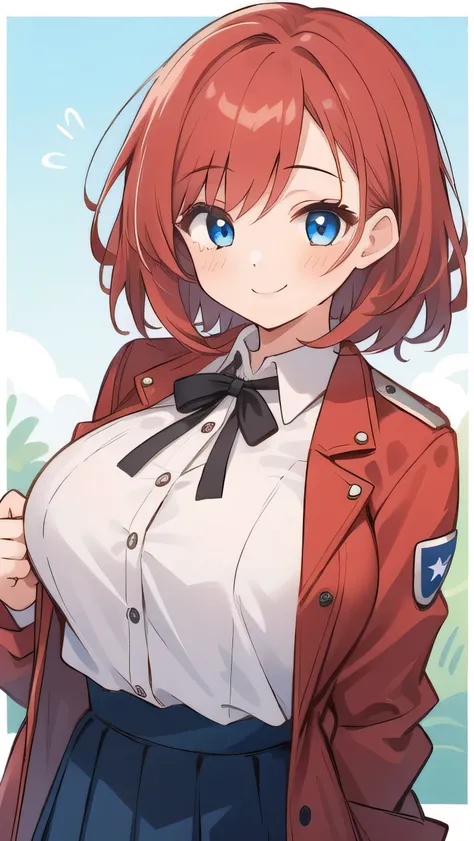 (1girl:1.6), (little female :1.8), ((((little female )))) ((toddler)) ((preschooler)) ， ,(very short:1.5), (red hair:1.3), blue eyes, droopy eyes, (red jacket:1.3), long sleeves, navy skirt, (super big breasts:1.4), (medium hair: 1), baggy clothes,young fa...