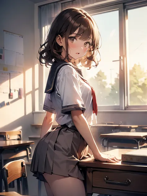(( play)),((masterpiece)), (( best quality)), (( Very delicate depiction ))(8k), ( there is nothing),In the classroom, beautiful woman masturbates,1, smaller,Pale skin,Curly hair, brown hair, big butt ,( Womens College Uniform :1.5),( Short sleeve shi...
