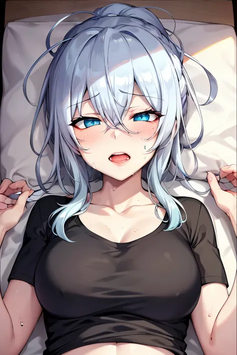 suggestive:1.3), (corruption), 1yukino, (black T-shirt), silver hair, blue eyes, blush, upper body, (ahegao:1.1),(naughty face), collarbone, trembling, sweat, sweatdrop, heart, skindentation, (crazy:1.3), (speed lines), lying in bed