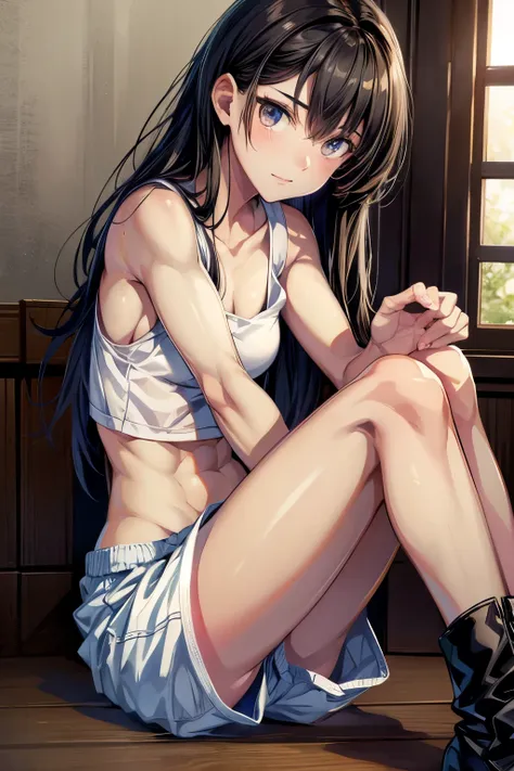 score_9, score_8_up, score_7_up, Anatomically Correct, super anorexic skinny Japanese girl, medium length hair with bangs, (flat chest), (skinny tiny body) , tank top, shorts, short boots, sitting on a chair. Large head, large calves. Anorexic skinny. Short legs, prominent clavicle bones. Veiny skin. Veiny skin. Veiny veiny skin. Sweaty sweaty.