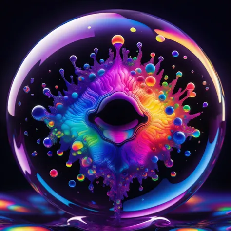 Brilliant images of pure light emerging from vibrant colors in a psychedelic dream, shimmering glass morphing out of colors, tripped out detailed patterns in all colors, perfectly formed symmetrical spheres and glowing reflective bubbles, attention to deta...