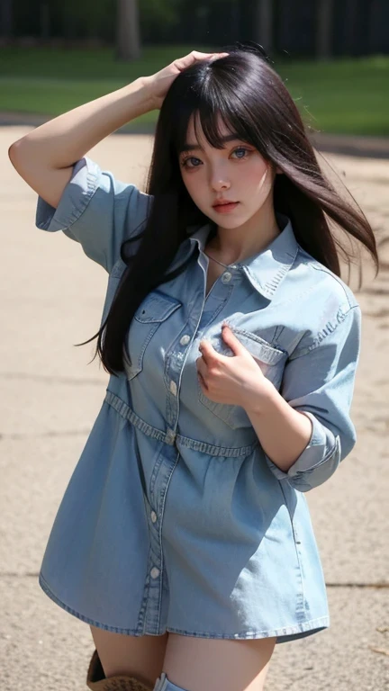 cinematic lighting, masterpiece, UHD, anatomically correct, textured skin, super detail, high quality, award winning, highres, 16k, 8k, full body shot, a young korean woman, age 25, baby face, medium breast, ((Denim Shirt Dress with Cowboy Boots)), proud p...