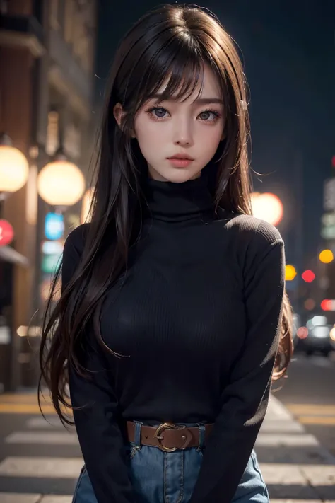 product quality, 1 girl, cowboy shot, front view, a Japanese young pretty girl, at night, wearing a black knitted turtleneck sweater, wearing mini skert, hyper cute face, glossy lips, double eyelids for both eyes, (natural makeup), shiny smooth light brown...