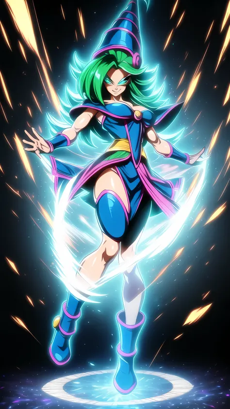 dbsuper style, (extremely detailed CG unity 4k wallpaper),(masterpiece),(ultra quality),(ultra-detailed),(best illustration),(best shadow),(absurdres),masterpiece, best quality, cinematic light, 1girl, grin, dark magician girl, green hair, blue headwear, ...