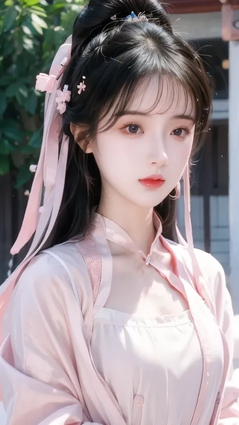 (Reality:1.4),  is of the best quality, masterpiece,   field super high resolution  , Duet,  1 girl at home, ( delicate face :1.2), ( Delicate eyes:1.2), (Detailed Hair:1.2), ( Detailed clothes :1.2), 4K, pink hanfu