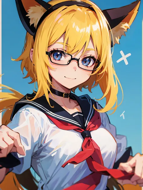 Anime cels,8k, High image quality, Blonde schoolgirl, Side Pony, Nihilistic smile, There is 1 person on the screen,  wearing a sailor suit ,  with red glasses,　 breasts are small,  PACK, Im wearing a black cat-ear headband, Shes posing like a model on a ma...