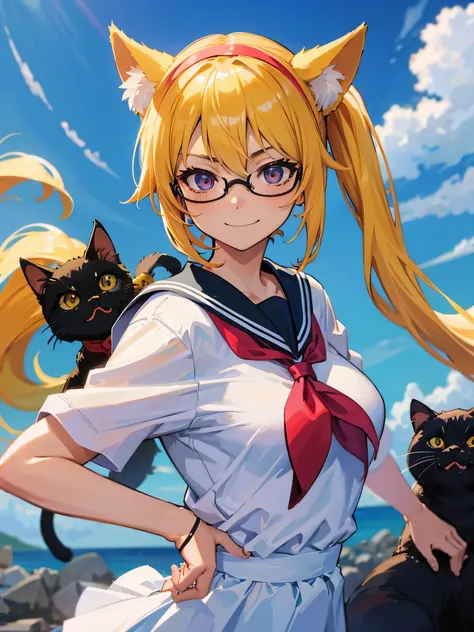 Anime cels,8k, High image quality, Blonde schoolgirl, Side Pony, Nihilistic smile, There is 1 person on the screen,  wearing a sailor suit ,  with red glasses,　 breasts are small,  PACK, Im wearing a black cat-ear headband, Shes posing like a model on a ma...