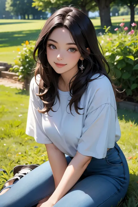 A beautiful woman. Detailed drawing of the face. Twenty years old. Dark brown hair. She is looking at the camera and smiling. She is sitting on the green grass. The pleasant sunlight is shining on her. Shes wearing blue jeans.