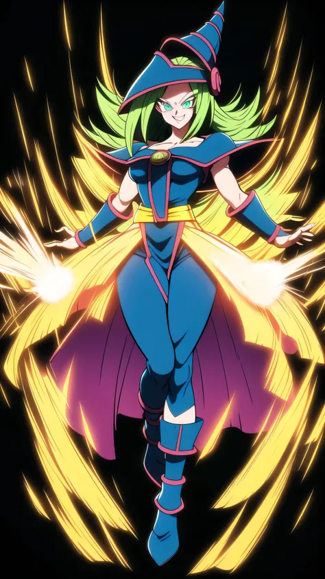 dbsuper style, (extremely detailed CG unity 4k wallpaper),(masterpiece),(ultra quality),(ultra-detailed),(best illustration),(best shadow),(absurdres),masterpiece, best quality, cinematic light, 1girl, grin, dark magician girl, green hair, blue headwear, ...