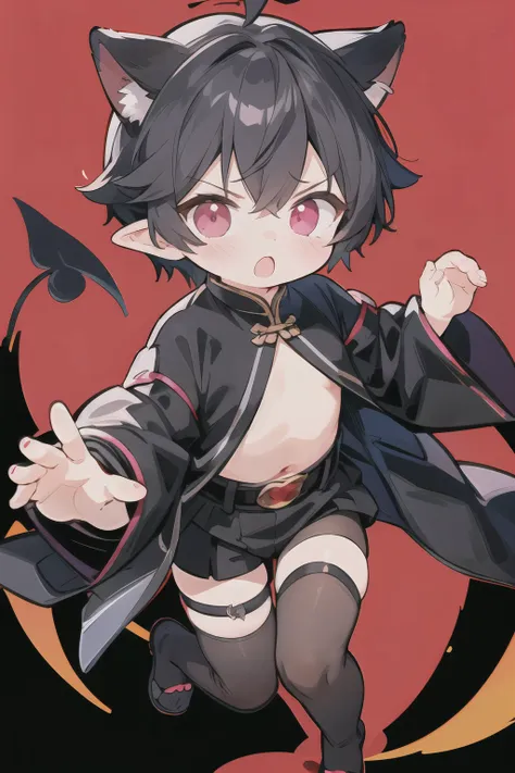 black hair，heterochromia，boy， black tights，red belt wrapped ，black silk，魔王boy， shota，cute and handsome， with a cold expression，e...