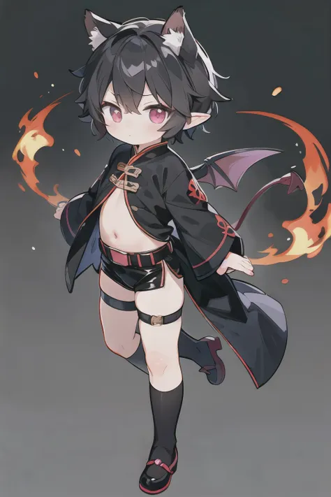 black hair，heterochromia，boy， black tights，red belt wrapped ，black silk，魔王boy， shota，cute and handsome， with a cold expression，e...