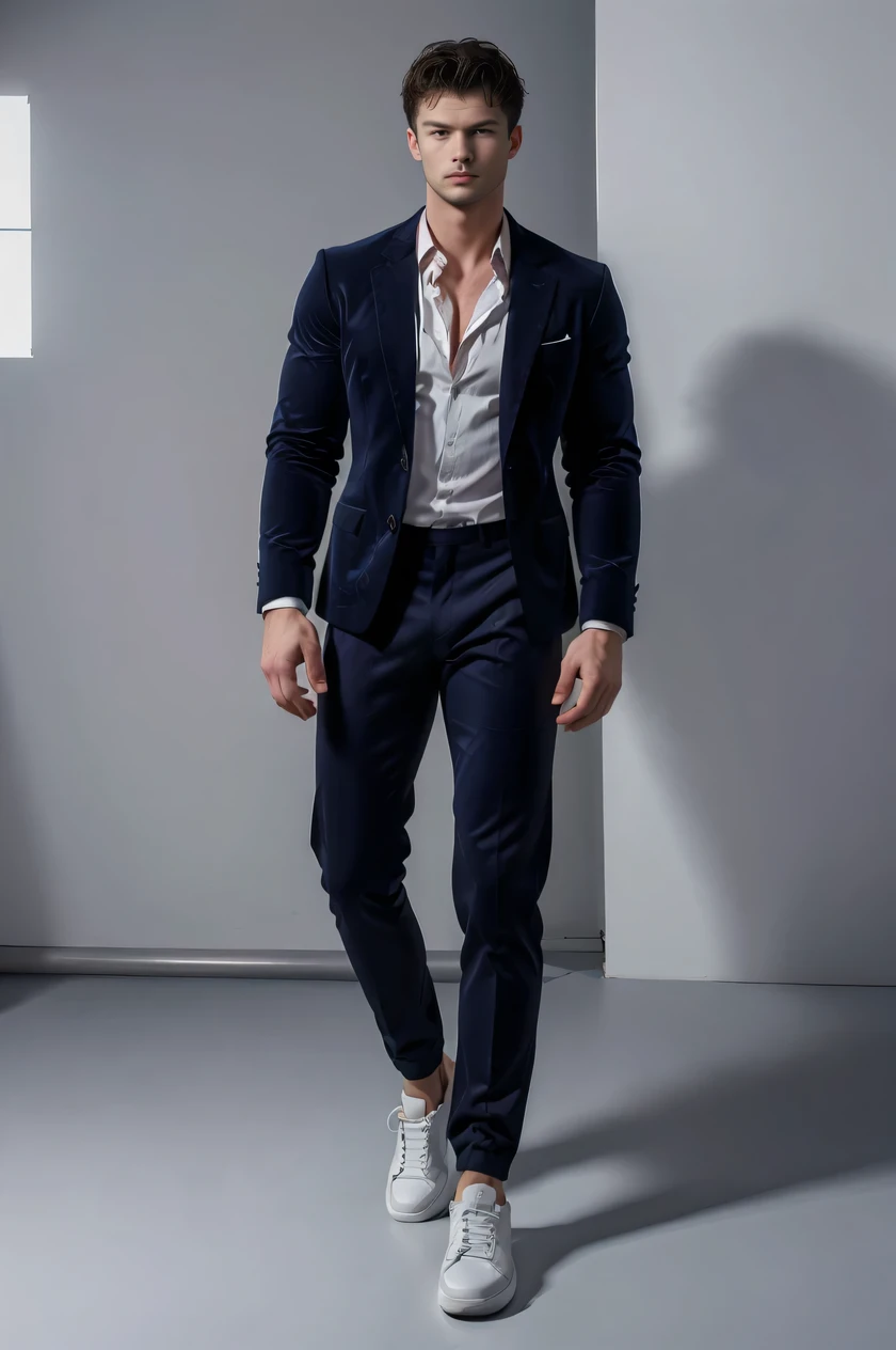 a portrait by Alexey Venetsianov, shutterstock, fine art, artem, male model, athletic tall handsome guys, in style of kyrill kotashev, perfect and proportional body, artem chebokha,(face:Jamie dornan), Full body studio photo of handsome man from Asia aged ...