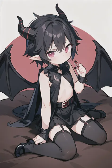 black hair，1 boy， black tights，red belt wrapped ，black silk， demon king boy ， shota，cute and handsome， with a cold expression，el...