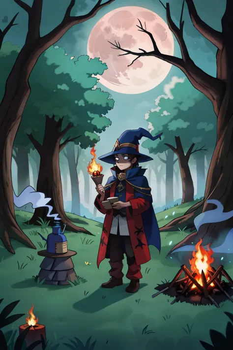 " A powerful wizard in richly detailed battle costumes is standing In front of a mystical bonfire,  surrounded by other equally impressive wizards .  The environment is dark fantasy ,  with a dark and magical atmosphere ,  surrounded by twisted trees and a...