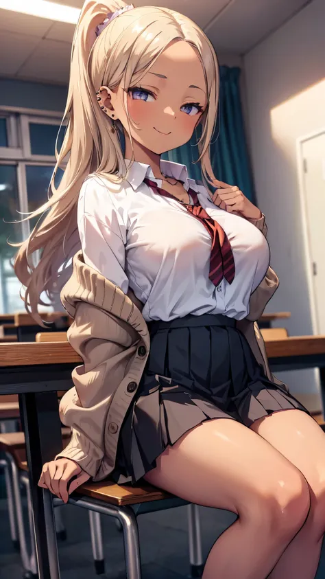 ((masterpiece、 best quality、 Very detailed))、 one girl、improve、(( brown skin:1.3))、Blonde、 long hair、((bold、slicked back))、forehead、 gray eyes、evil smile、((lots of piercing))、(( Big Breasts ))、((white shirt))、 Necklaces 、((light brown cardigan))、(( Black P...