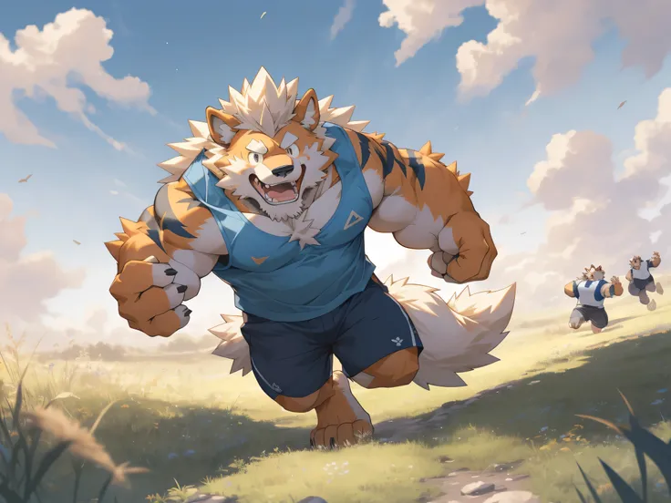 hairy, arcanine, male, beard, full body picture, Grassland, Prairie, tank top, hands up, easygoing, pleasure, happy, running, solo, cartoon, author Takemoto Arashi, by zixiong, By Chunni, author Empty Ghost, masterpiece, (16K), HD, Various facial details, ...