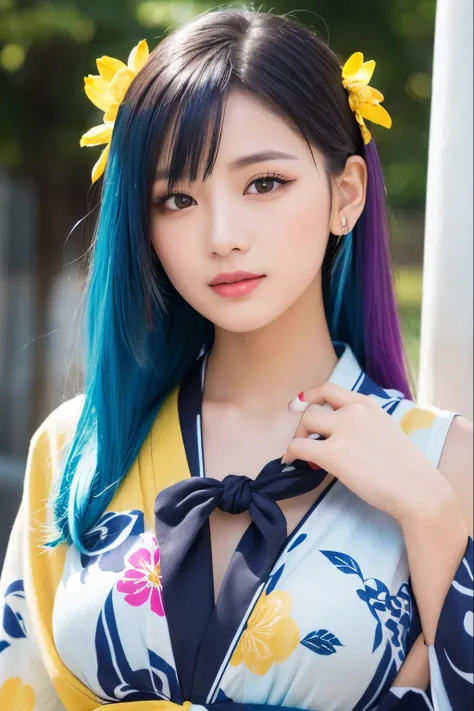  High Quality , Realistic、 high definition , Realistic、8k、masterpiece,  Details.Impressive,  Japanese、Cutting-edge female photography portraits、Expression of happiness、The way you look at someone you love、Yellow、Cyan, and purple,  Her bright makeup is real...