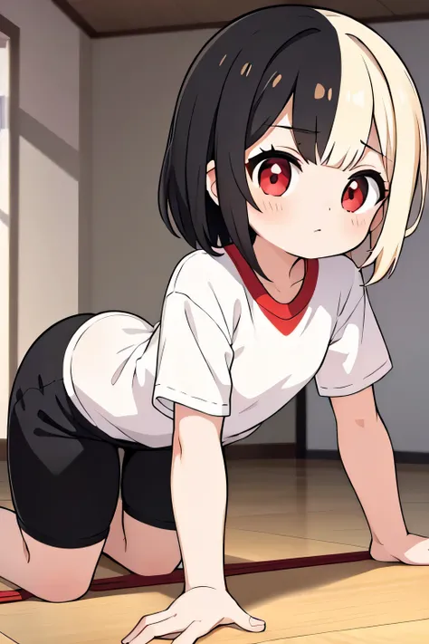 A young Loli girl, red eyes, split color hair one side black and other side light blonde, wearing gym shorts and gym shirt doing a push up