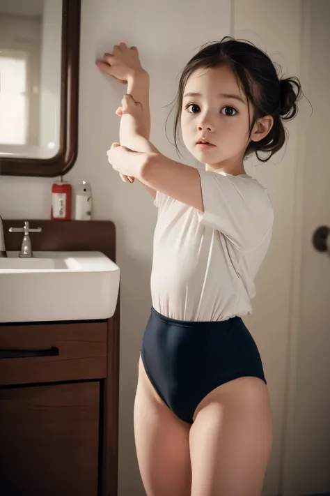 a young girl wearing black gymnastics bloomers, high leg、white blouse,   standing in front of a mirror, wearing a white collared...