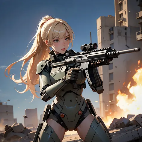 nsfw, very wide shot, anime screencap, 16k, perfect anatomy proportion body,  action,  dynamic composition with a sense of speed and dynamism , (Firing an assault rifle, shooting:1.6), milf, 40age, perfect beautiful delicate sexy face, perfect beautiful de...