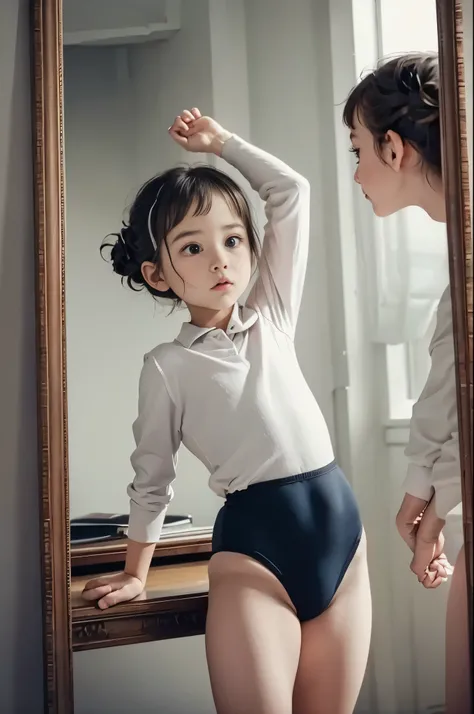 a young girl wearing black gymnastics bloomers, high leg、white blouse,   standing in front of a mirror, wearing a white collared...