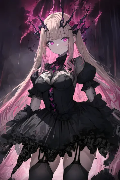 ((Masterpiece)), (anime:1.5), ((best quality)), (High Definition:1.3), 1girl, black dress, black legwear, bow, breasts, dress, garter straps, glowing, blond long hair, looking at viewer, medium breasts, multicolored hair, pink eyes, pink hair,light smile, ...