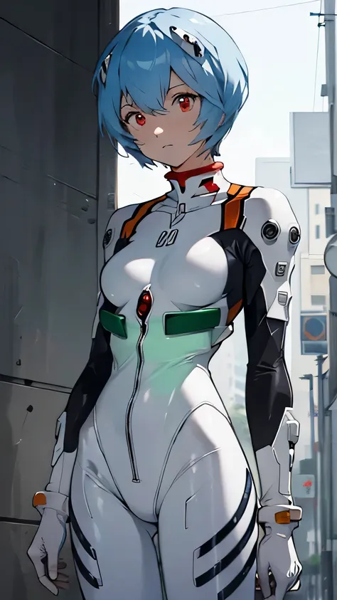 Rei Ayanami,  blue hair,  shorthair , (red eyes:1.5),  Bodysuit ,  headgear , Plug Suit, white  Bodysuit , ブラがみえる