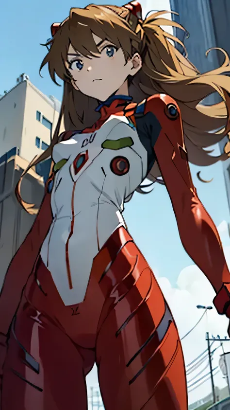 asuka　langley,  bodysuit ,  headgear ,  plug suit, red  bodysuit ,open your crotch and stare ,photo from below, small breasts